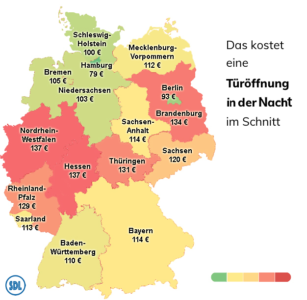 Schlüsseldienst-Preise 2023 nachts in den deutschen Bundesländern